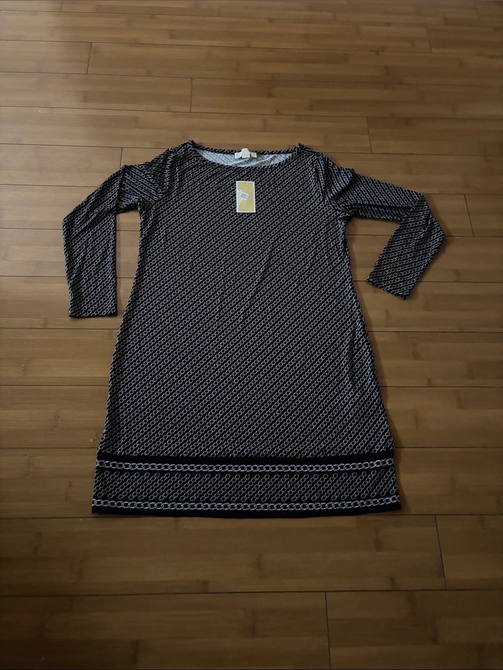 Michael Kors Black and White Long-Sleeve Patterned Shift Dress